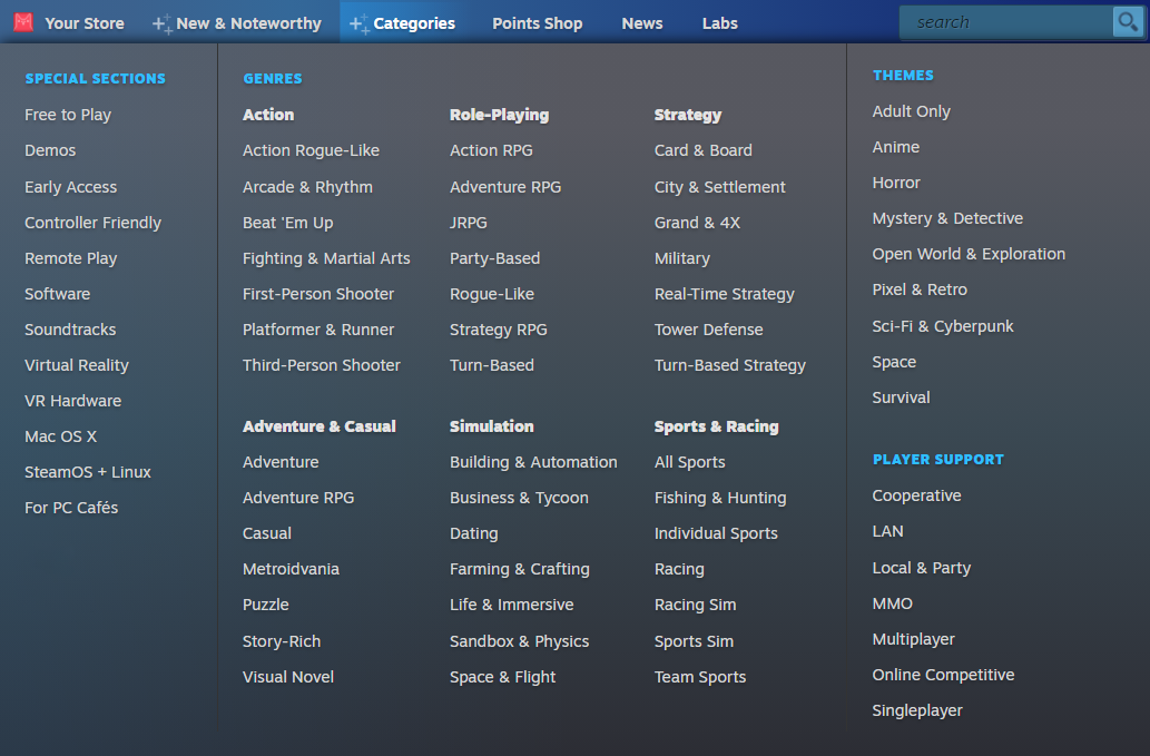 Steam now has better categories for browsing games